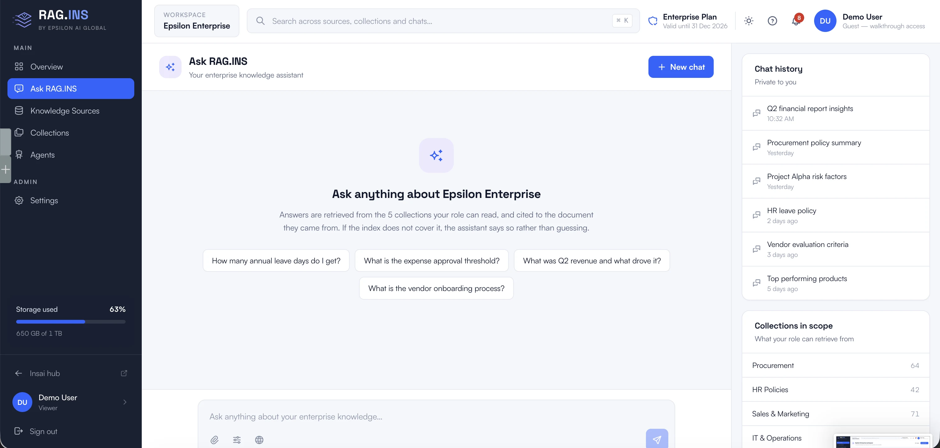 Source-grounded enterprise knowledge assistant &mdash; product demonstration with sample data.