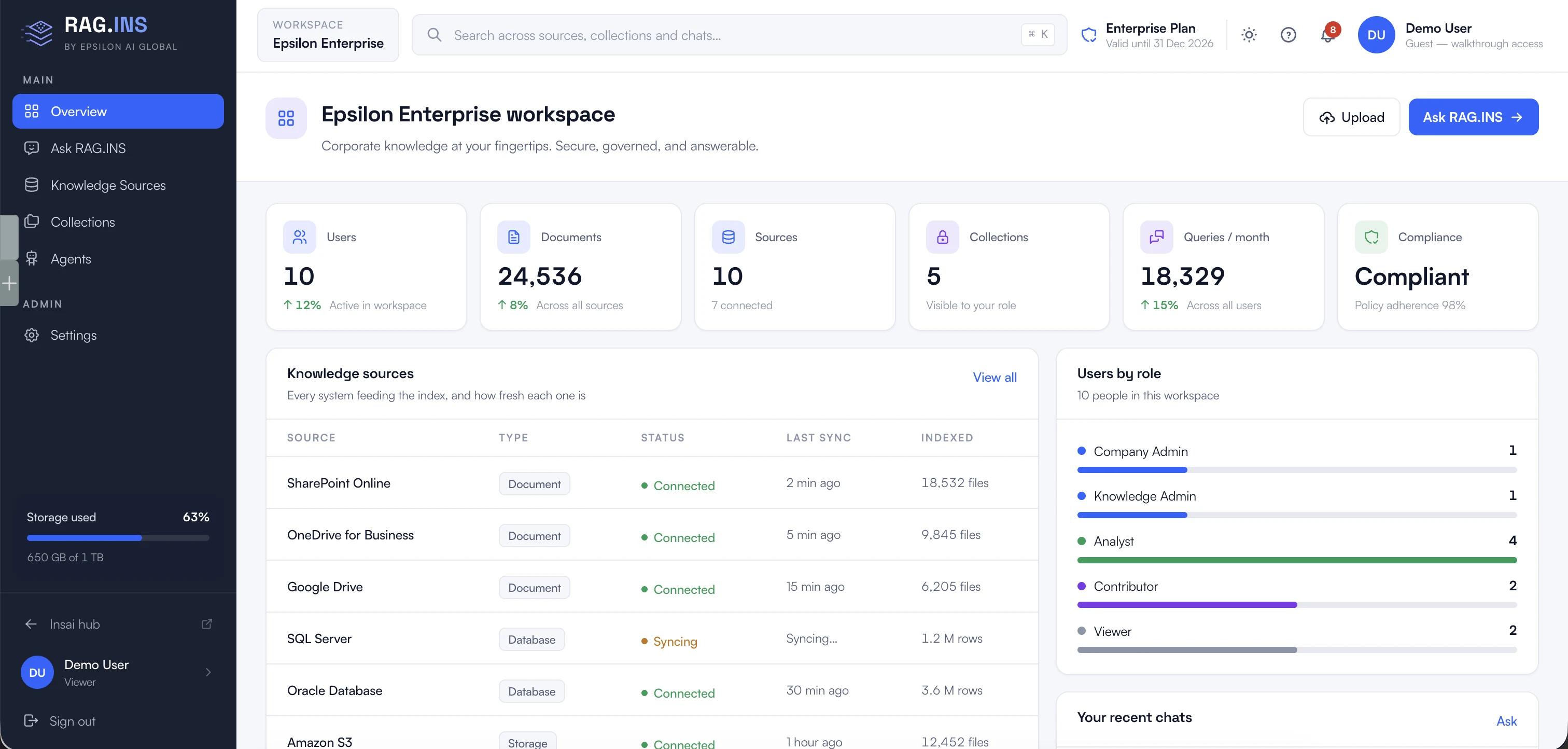 RAG.INS enterprise knowledge workspace demonstration with sample data