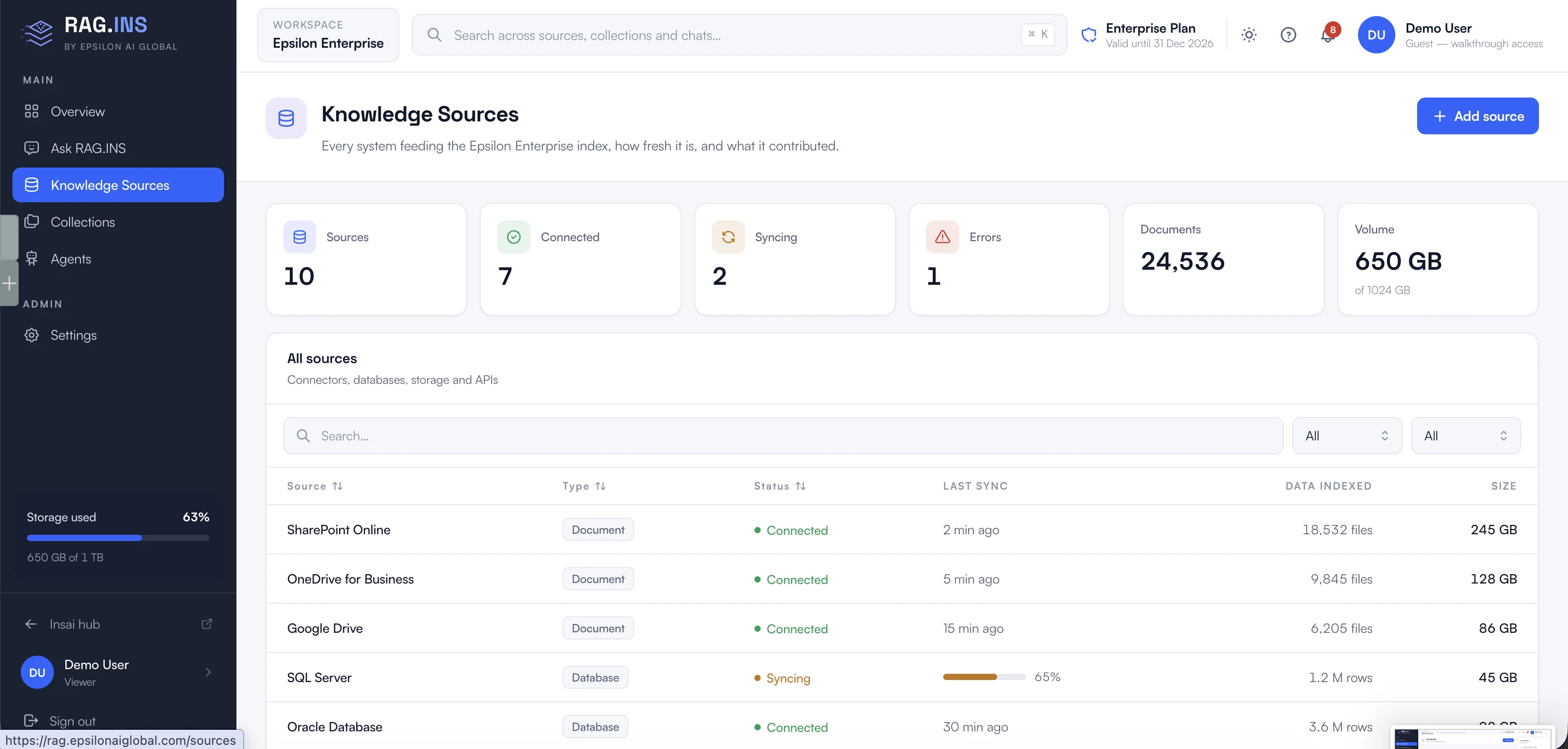 Connected enterprise knowledge sources &mdash; product demonstration with sample data.