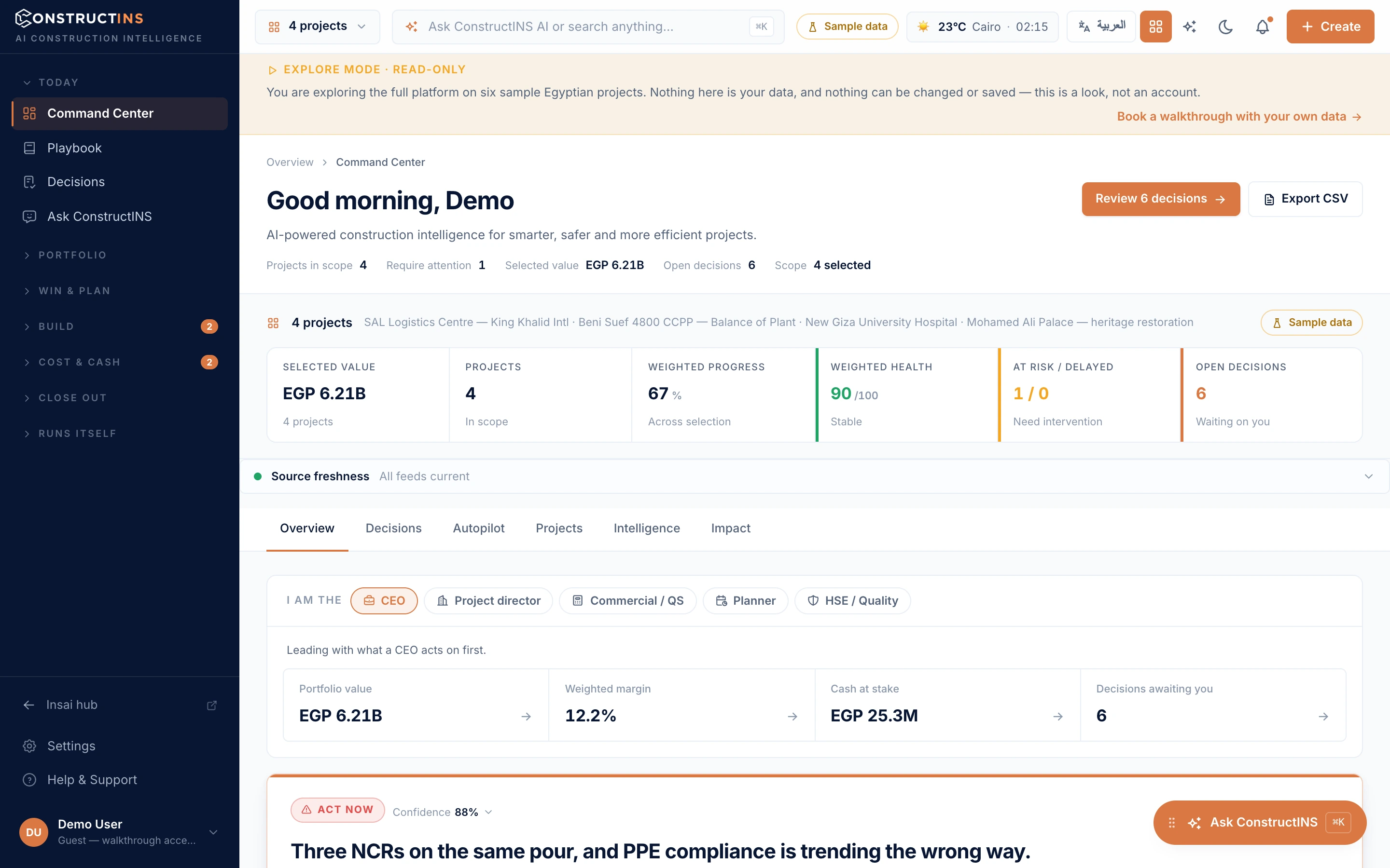 ConstructINS command center &mdash; public demo with sample data.