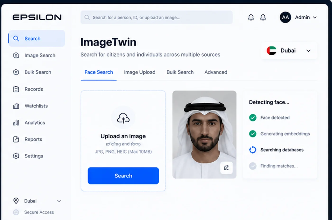 ImageTwin image-search workspace. Representative interface with sample data &mdash; not the actual production platform, which is confidential.